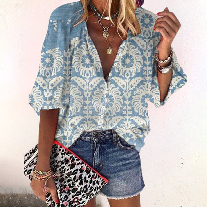 Effortless Boho Long Sleeve Blouse in Blue