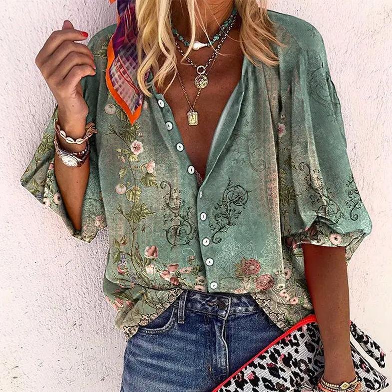 Effortless Boho Long Sleeve Blouse in Green
