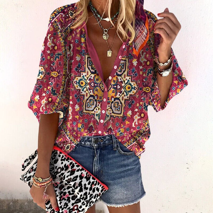 Effortless Boho Long Sleeve Blouse in Red