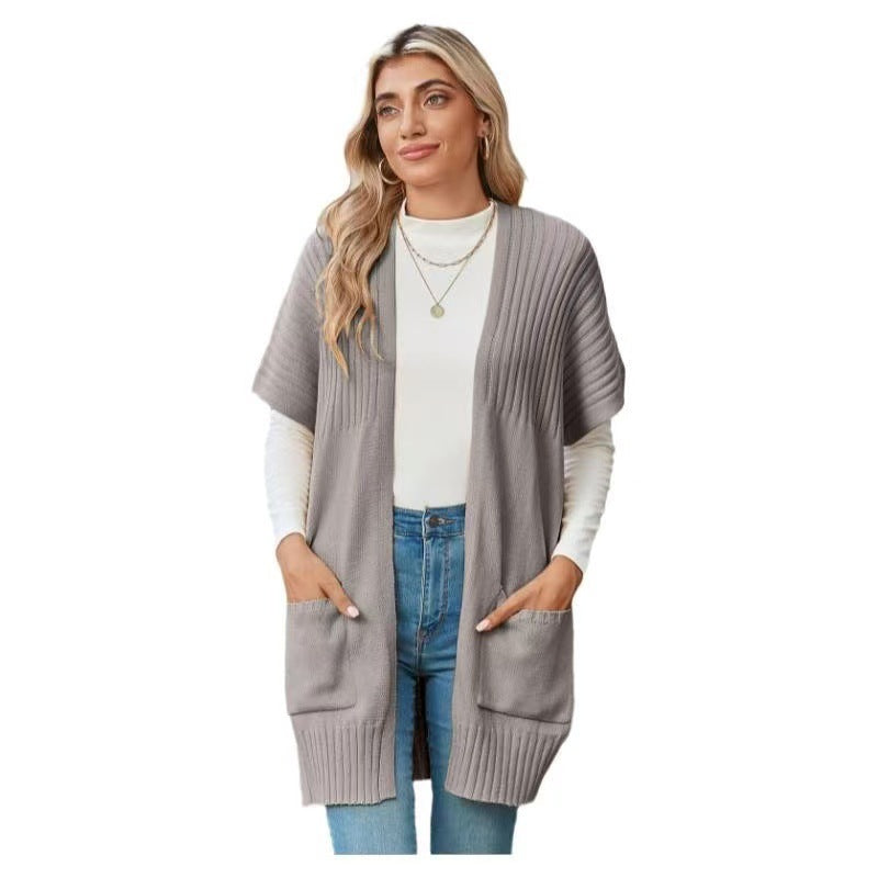 Elegant Draped Knit Cardigan in Light Grey