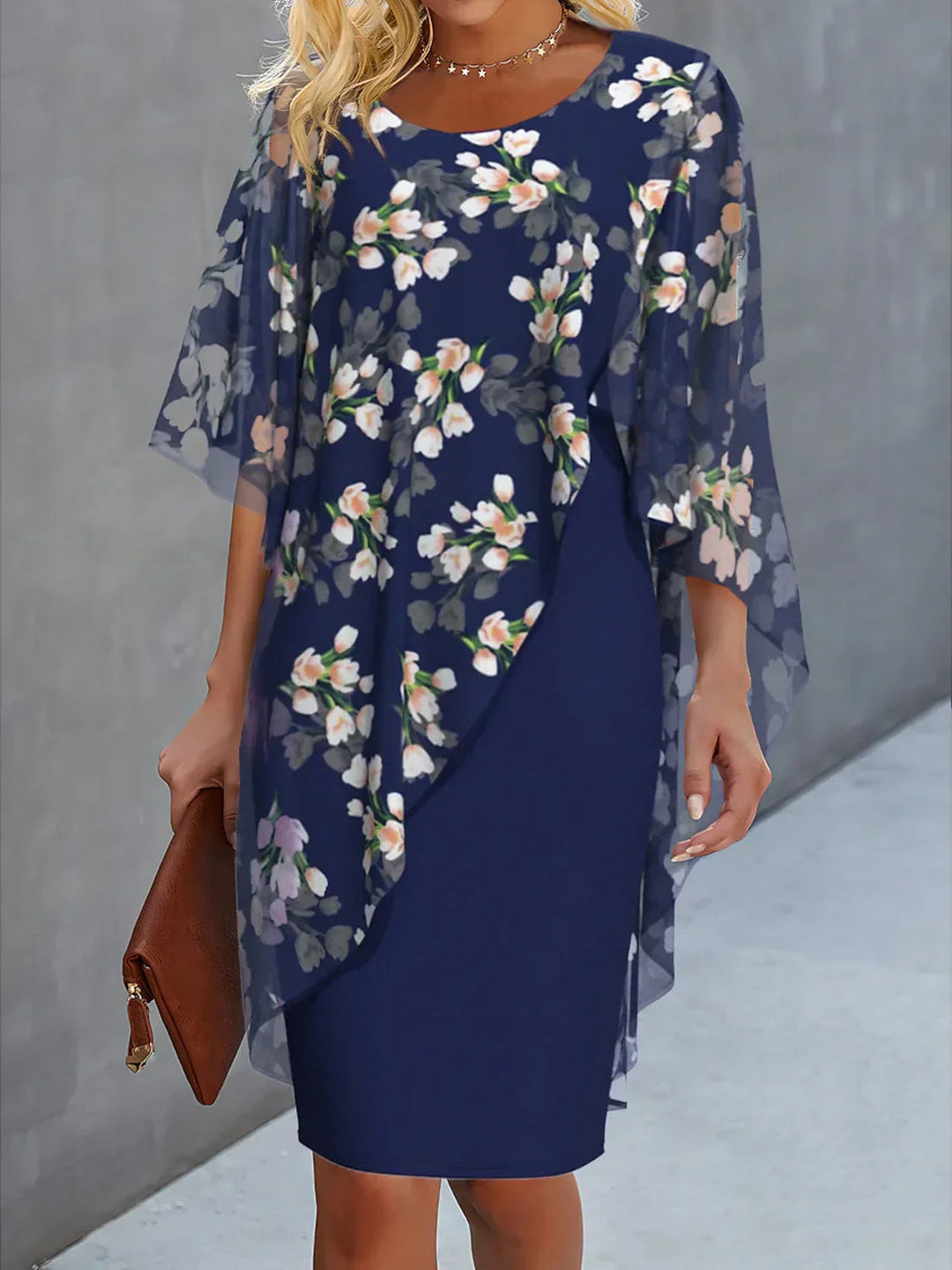 Elegant Floral Spring Dress in Dark Blue