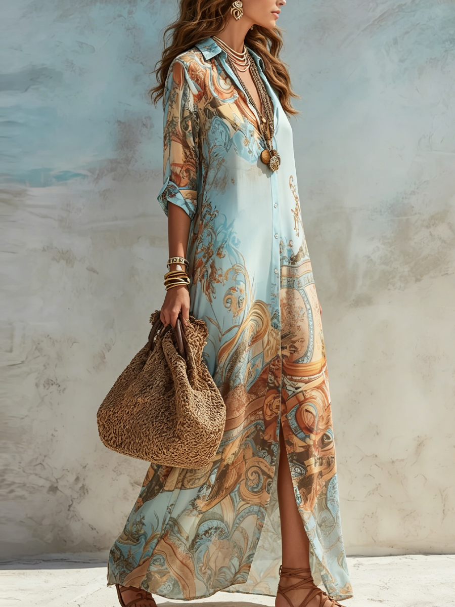 Elegant Flowing Linen Maxi Dress in Light Blue 2