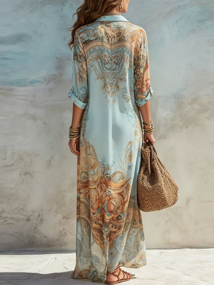 Elegant Flowing Linen Maxi Dress in Light Blue 3