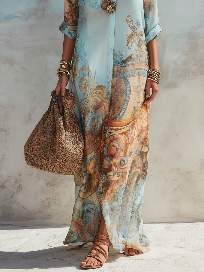Elegant Flowing Linen Maxi Dress in Light Blue 5