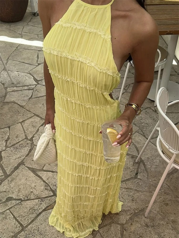 Elegant Halter Maxi Dress for Wedding Guest in Żółty