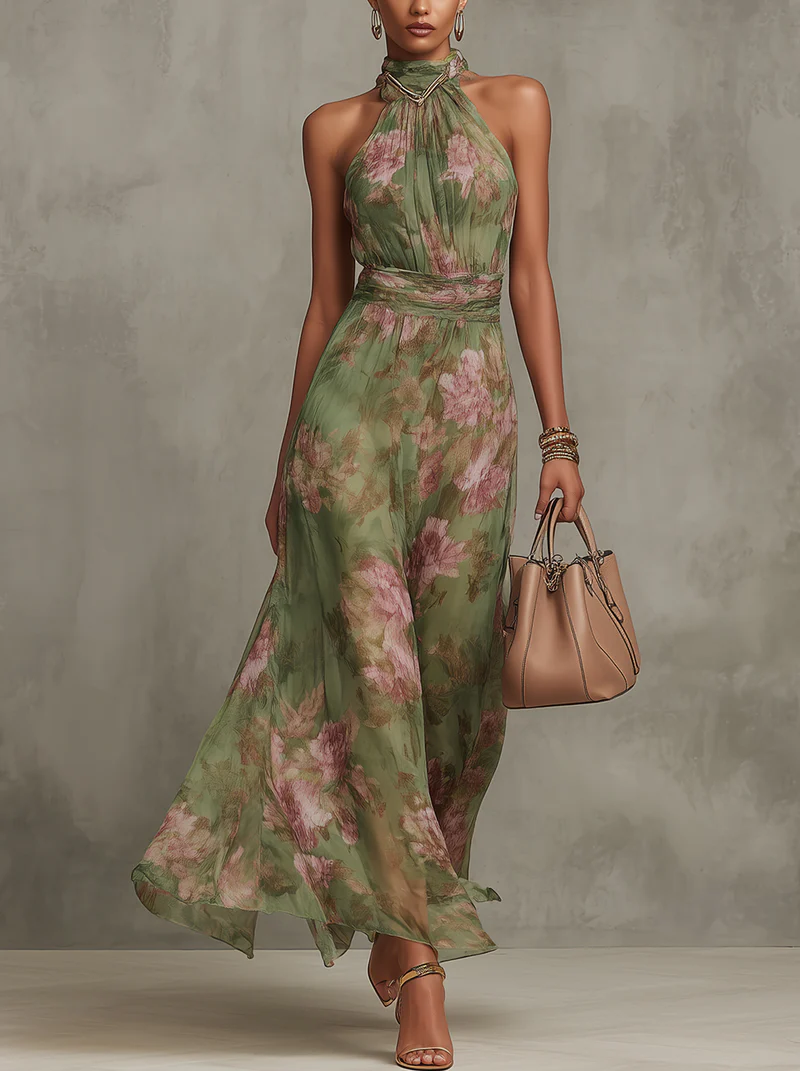 Elegant Linen Dress for Summer in Grüner Blumenprint 1