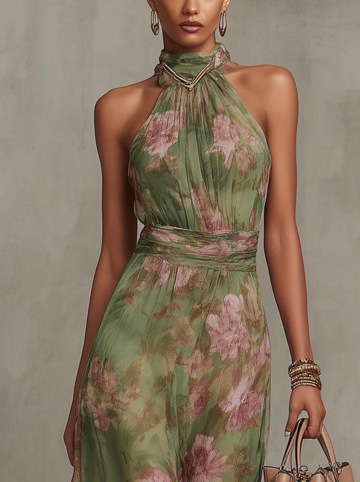 Elegant Linen Dress for Summer in Grüner Blumenprint 3