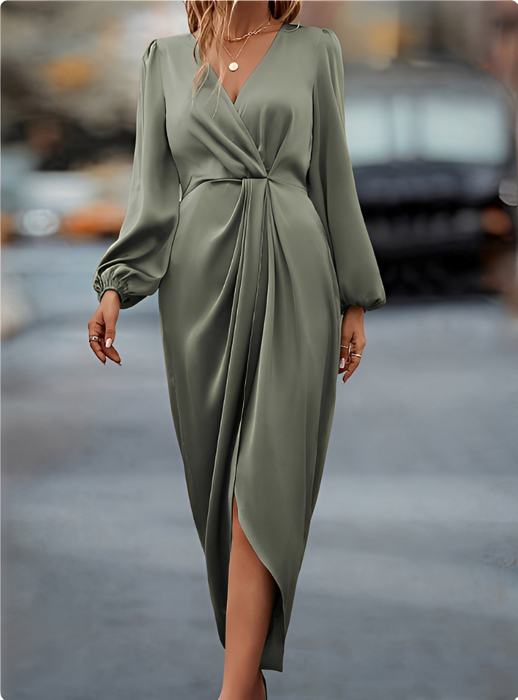 Elegant Long Sleeve Wedding Guest Maxi Dress in Zielony Jasno