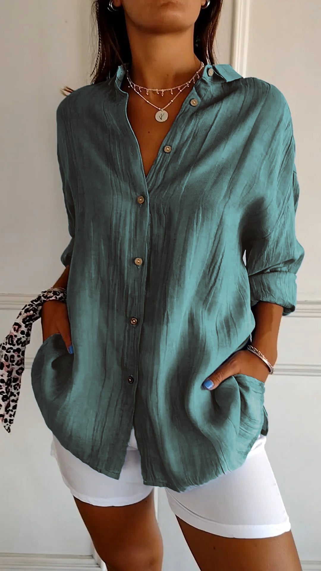 Elegant Longsleeve Blouse in Blau-Grün
