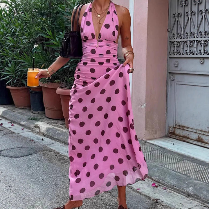Elegant polka dot maxi dress for women in Magenta