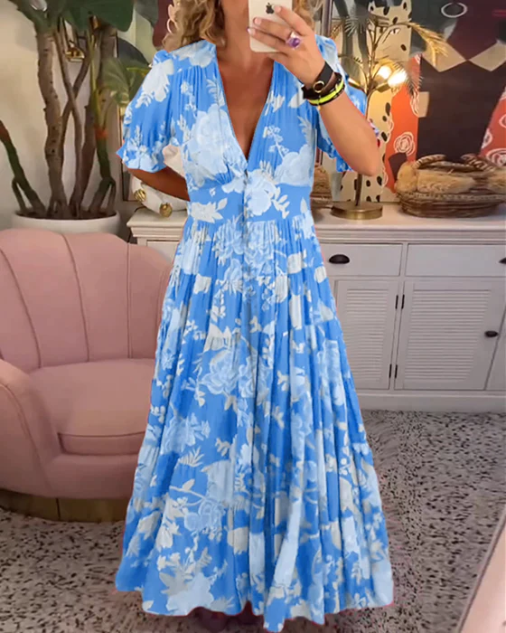 Elegant Spring Floral Dress in Blue