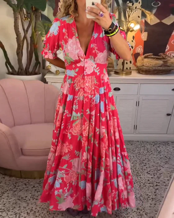Elegant Spring Floral Dress in Red