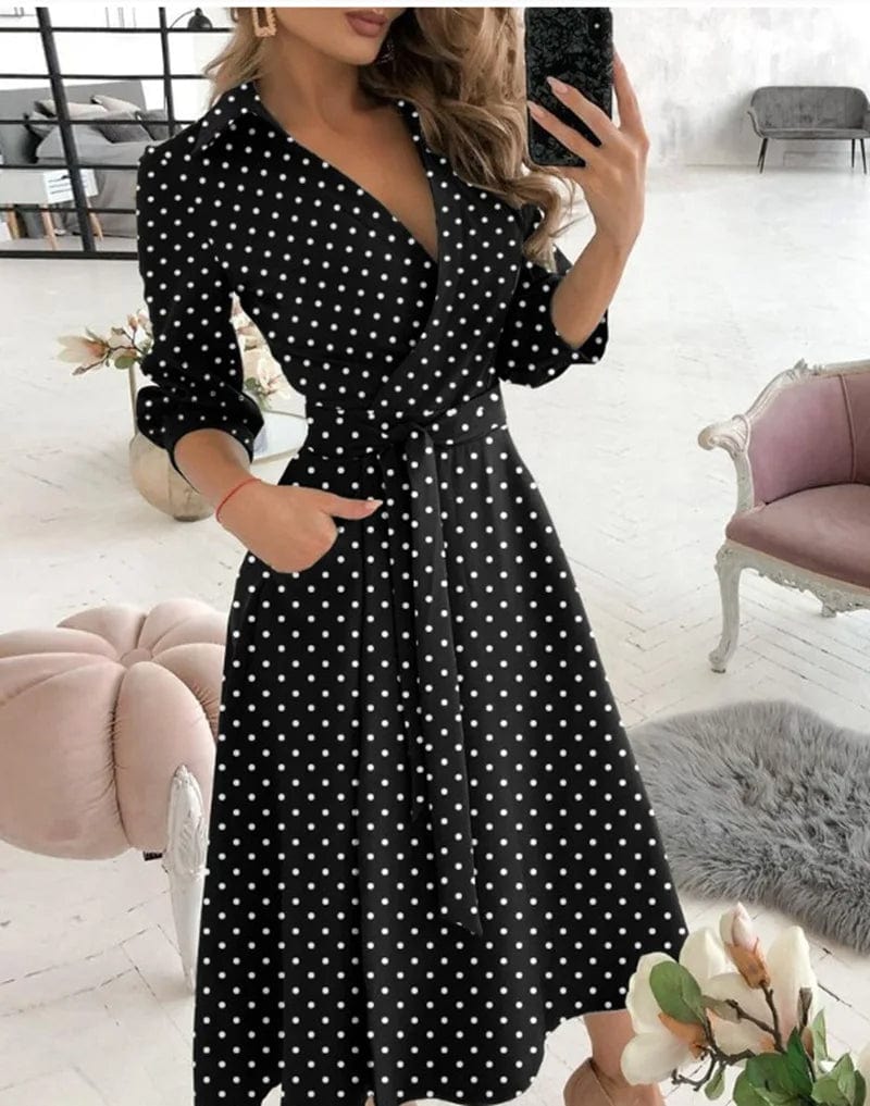 Elegant Spring Midi Dress in Schwarz gepunktet