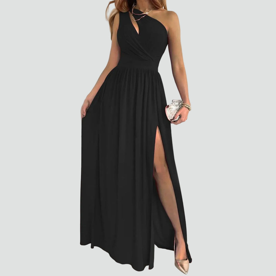 Elegant Women's Maxi Cocktail Dress with One-Shoulder in Black