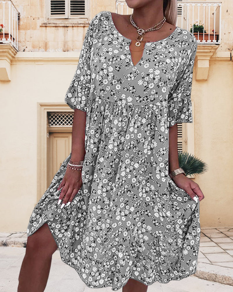 Floral Spring Dress Knee-Length in Grey
