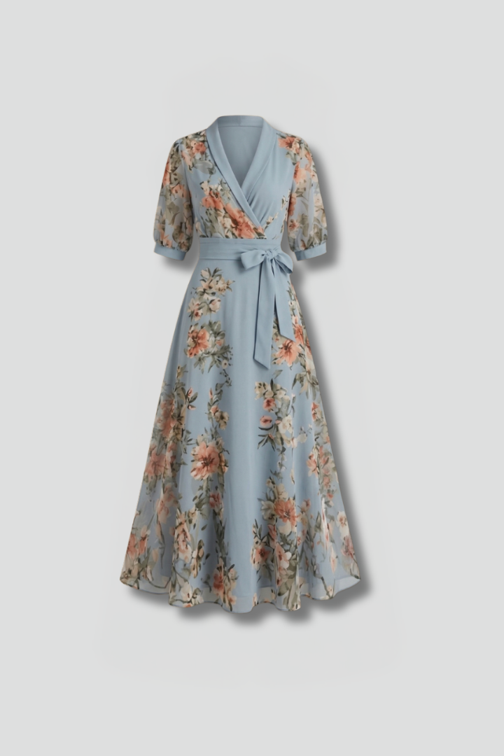 Floral V Neckline Midi Dress for Wedding Guests
