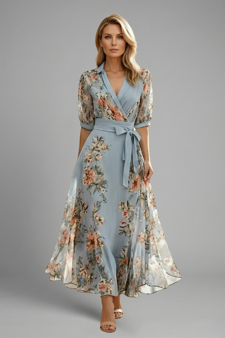 Floral V Neckline Midi Dress for Wedding Guests in Blue