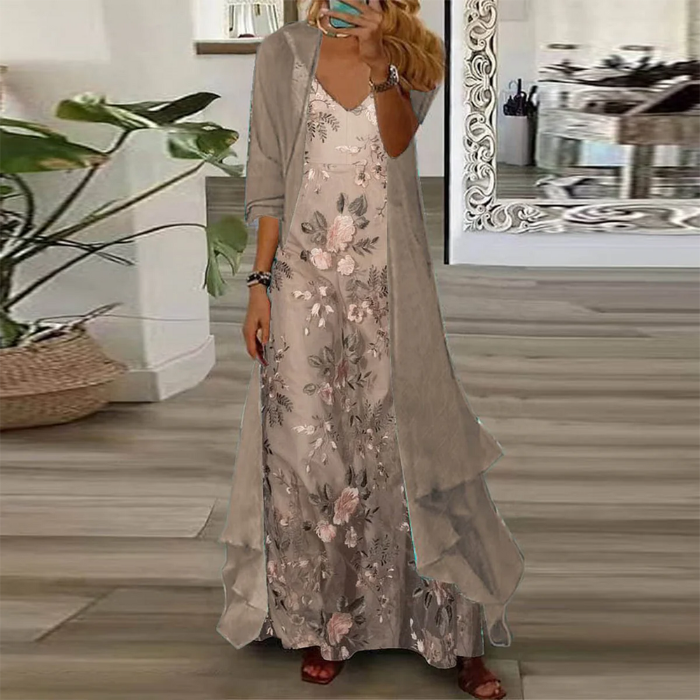 Flowy Floral Maxi Beach Dress Set in Beige