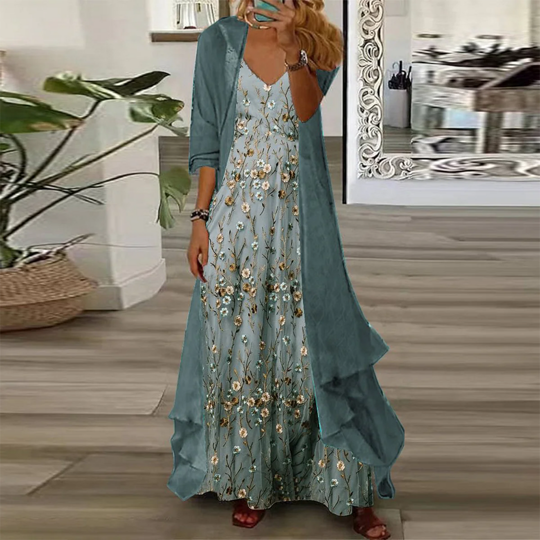 Flowy Floral Maxi Beach Dress Set in Blue