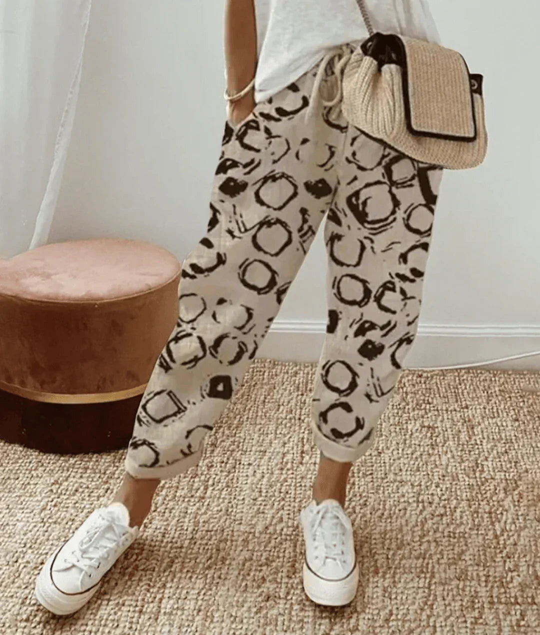 Linen Drawstring Pants in Beige (mit Kreismuster)