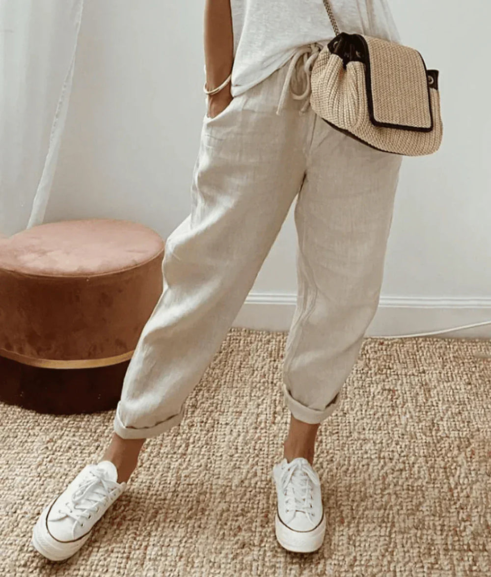 Linen Drawstring Pants in Beige