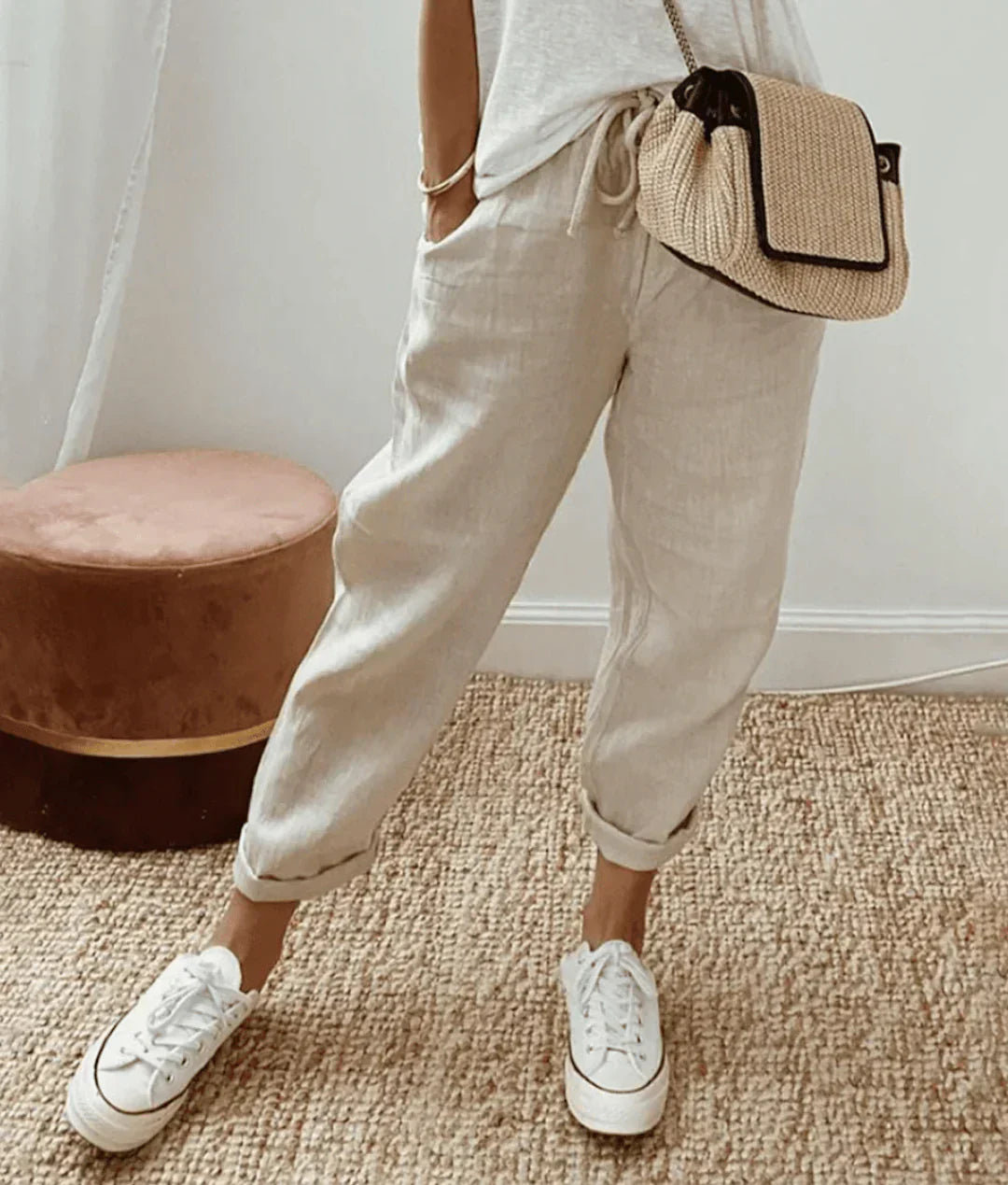 Linen Drawstring Pants in Beige