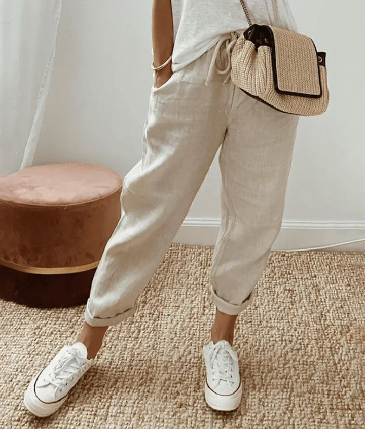 Linen Drawstring Pants in Beige