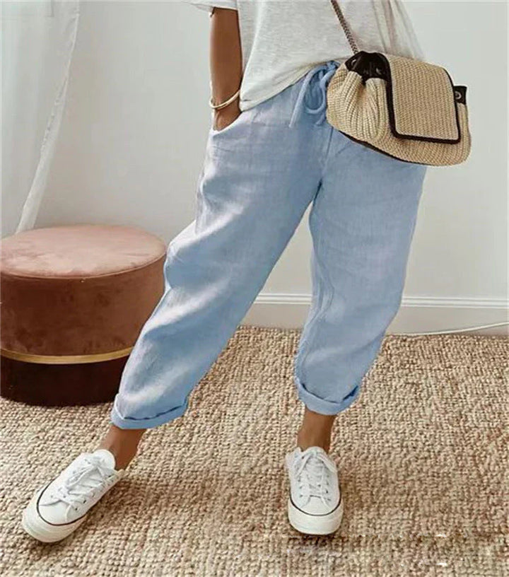 Linen Drawstring Pants in Blue