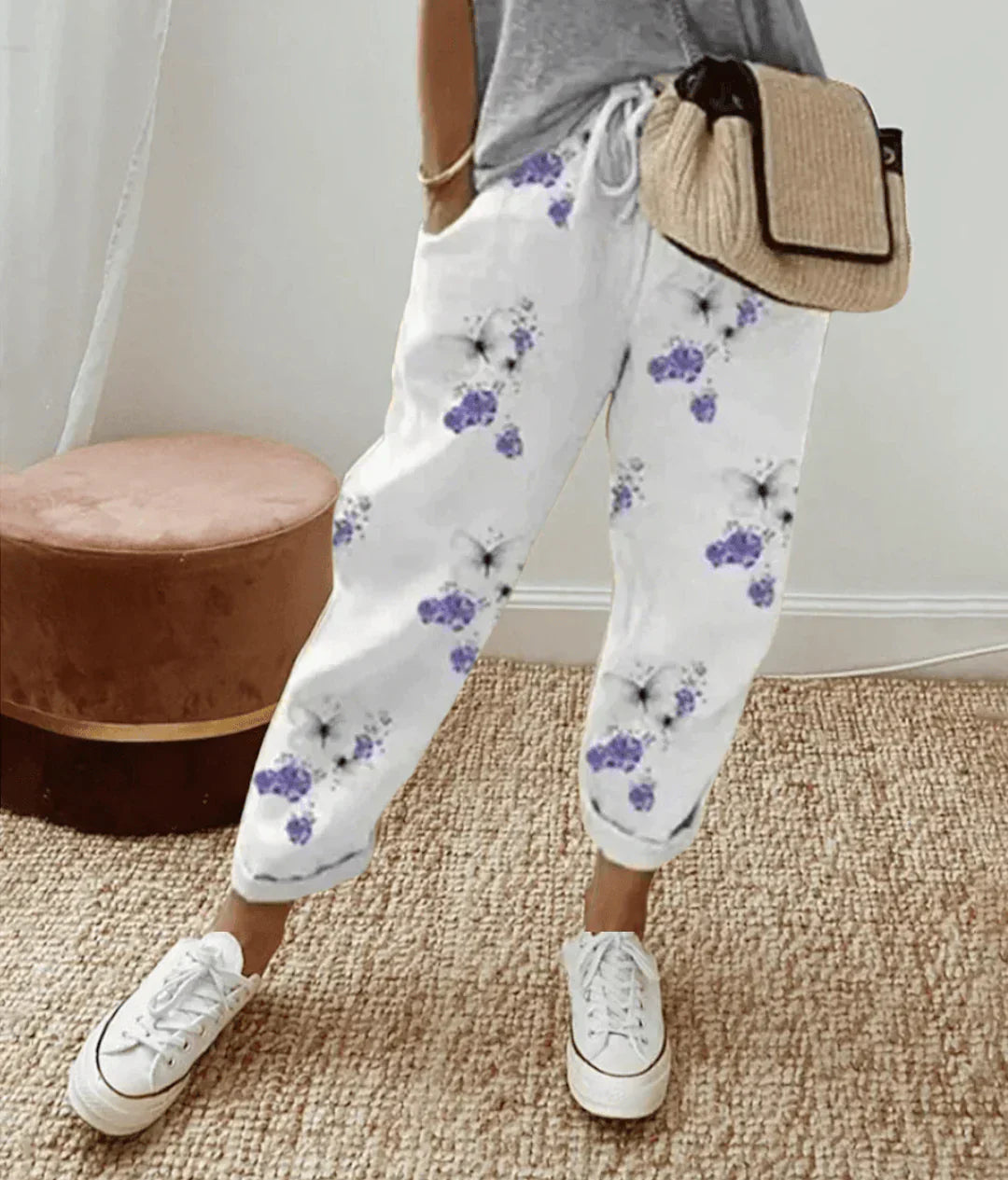 Linen Drawstring Pants in Blumenmuster