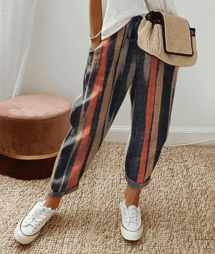 Linen Drawstring Pants in Gestreift