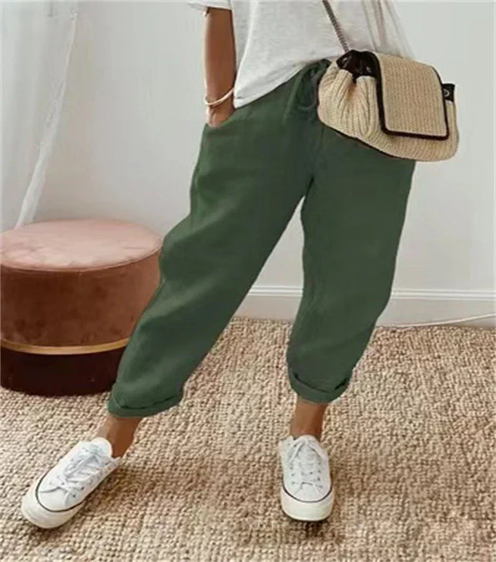 Linen Drawstring Pants in Green