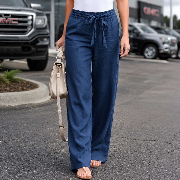Linen Wide-Leg Pants in Dark Blue