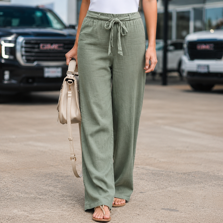 Linen Wide-Leg Pants in Green