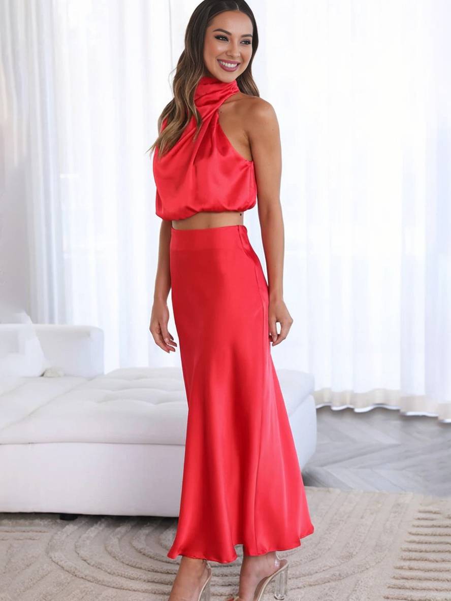 Women's Two-Piece Summer Dress for Wedding Guests in Red 5