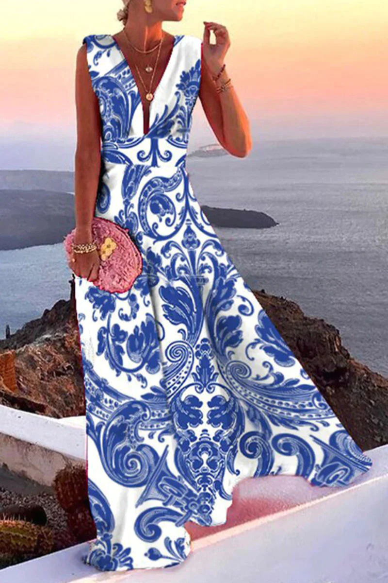 Women's Wedding Guest Maxi Dress for Summer in Blue-White