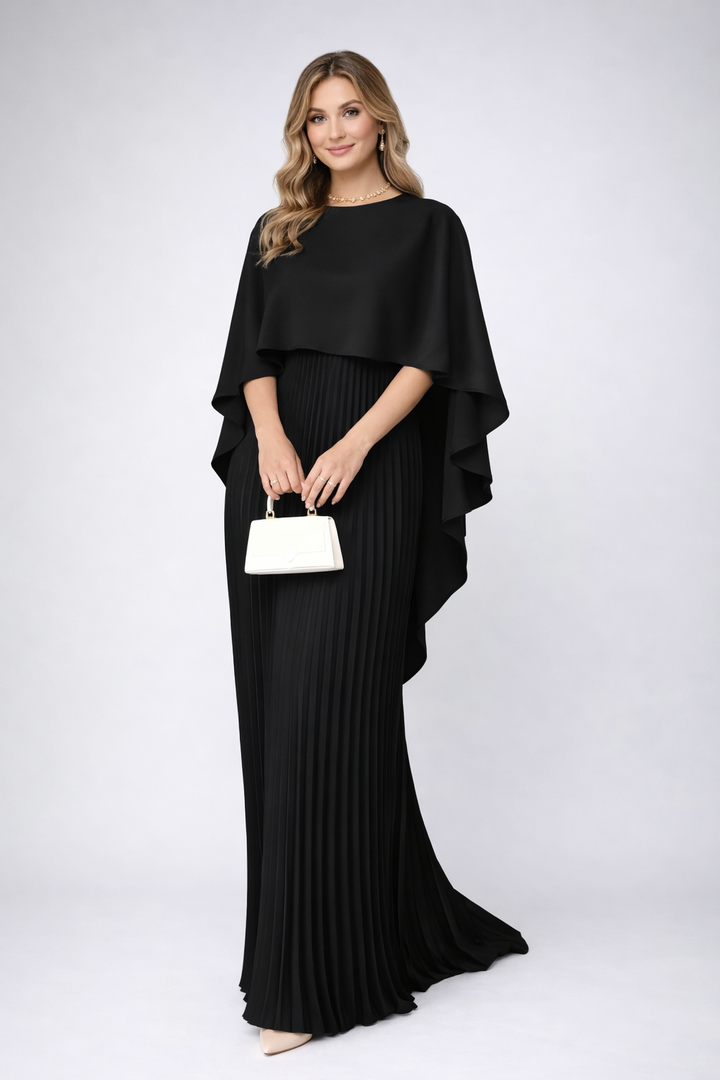 Pleated High Collar Maxi Dress for Wedding Guests in Black