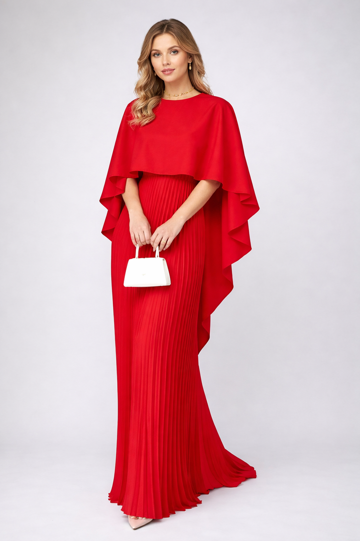 Pleated High Collar Maxi Dress for Wedding Guests in Czerwony
