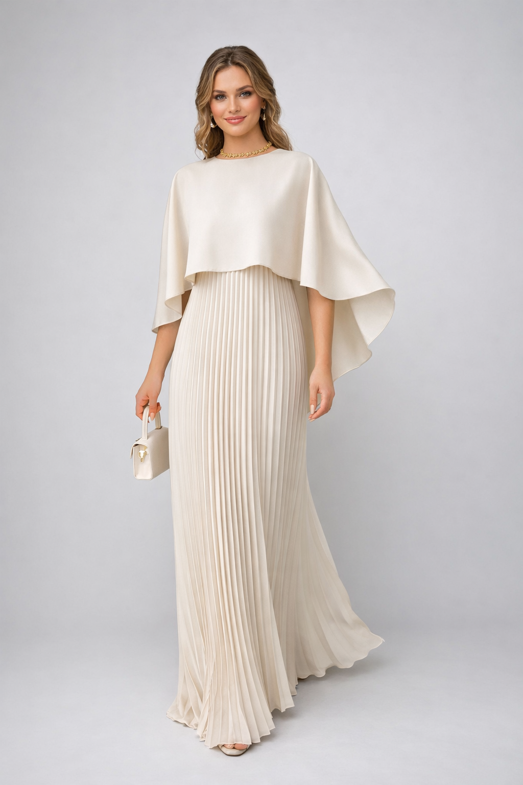 Pleated High Collar Maxi Dress for Wedding Guests in Off-White