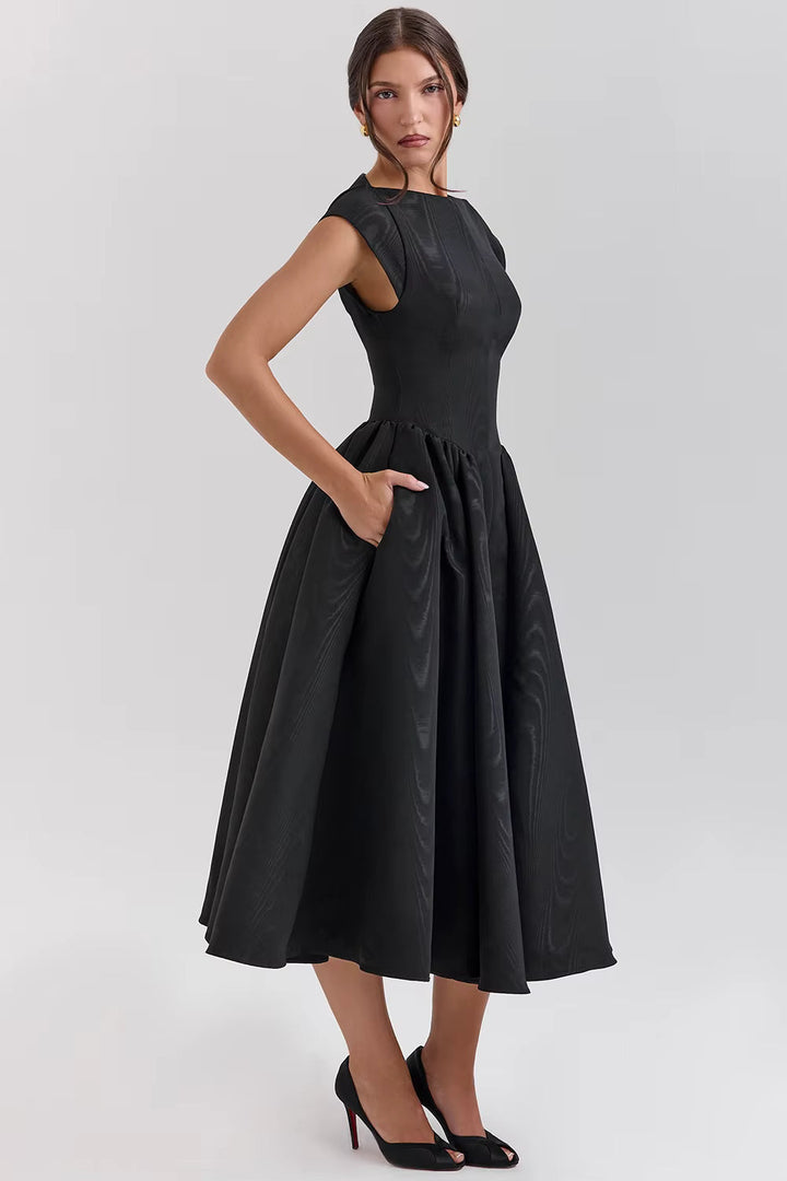 Polished Cap Sleeve Midi Wedding Guest Dress in Black