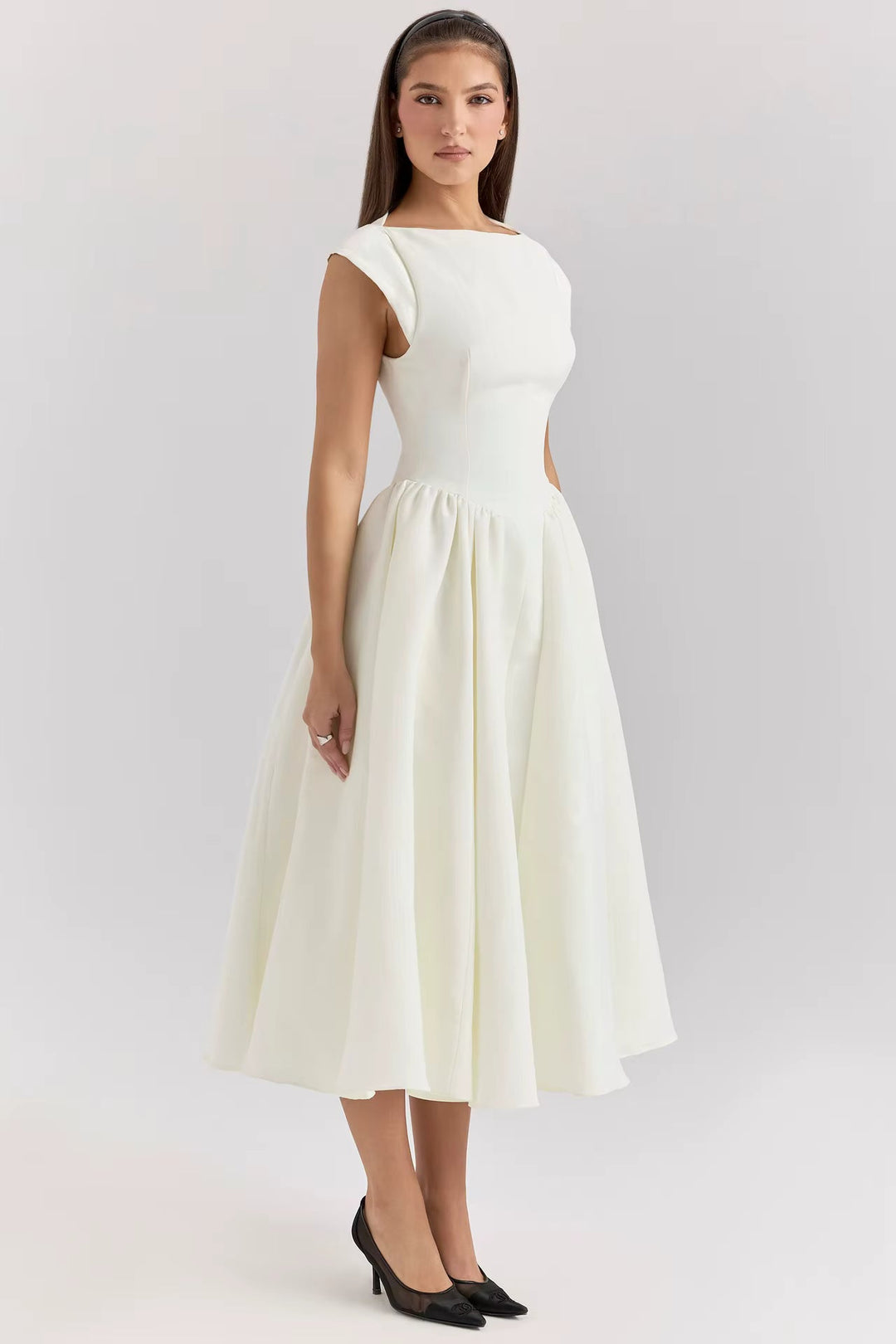 Polished Cap Sleeve Midi Wedding Guest Dress in White