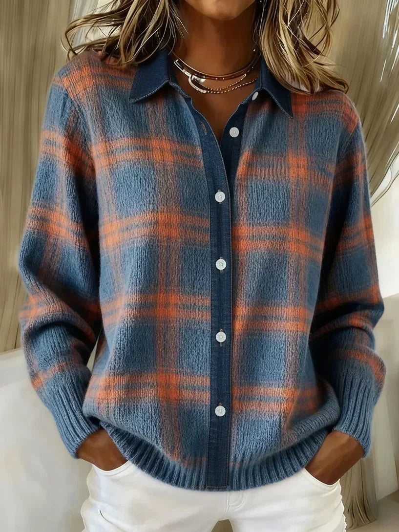 Refined Checkered Button-Front Cardigan in Blue and Orange