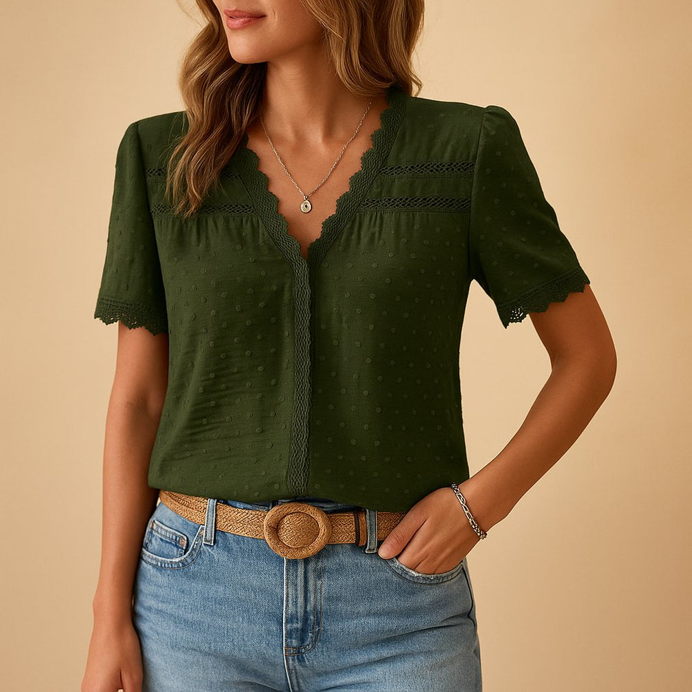 Refined Lace-Trim Blouse for Everyday Wear in Army Green