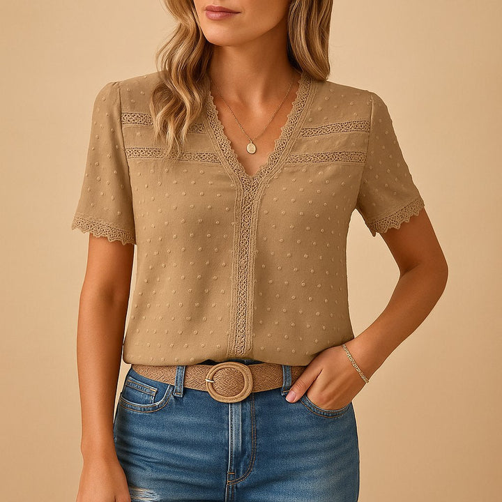 Refined Lace-Trim Blouse for Everyday Wear in Khaki
