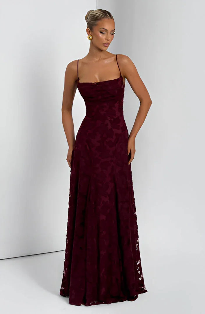 Romantic Floral Spaghetti Strap Maxi Dress for Wedding Guests in Burgundy