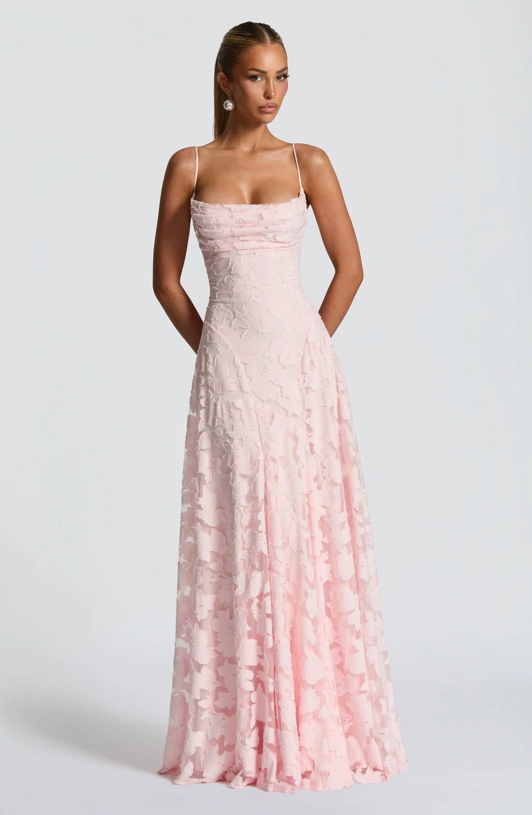 Romantic Floral Spaghetti Strap Maxi Dress for Wedding Guests in Pink