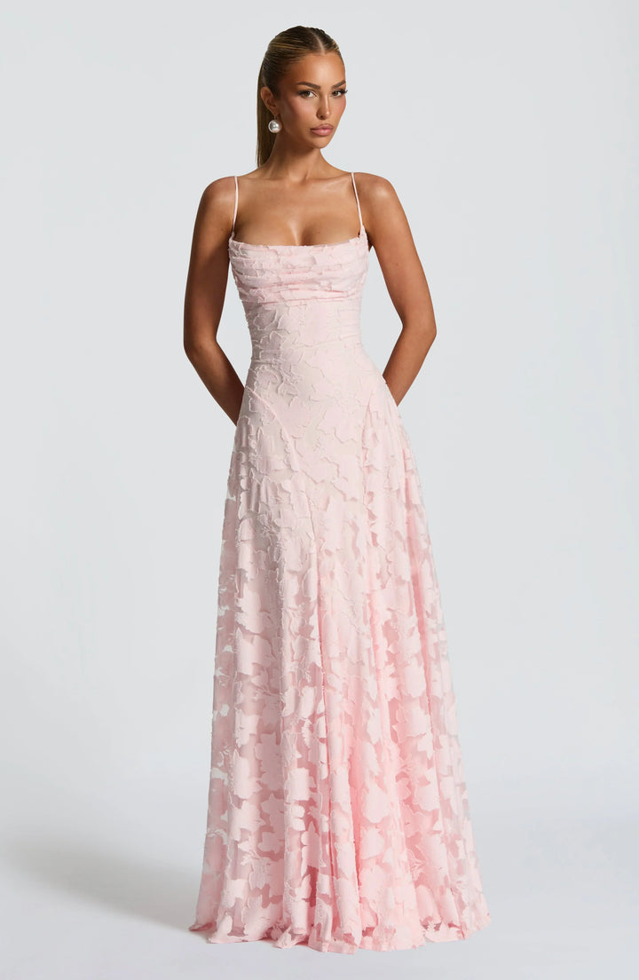 Romantic Floral Spaghetti Strap Maxi Dress for Wedding Guests in Pink