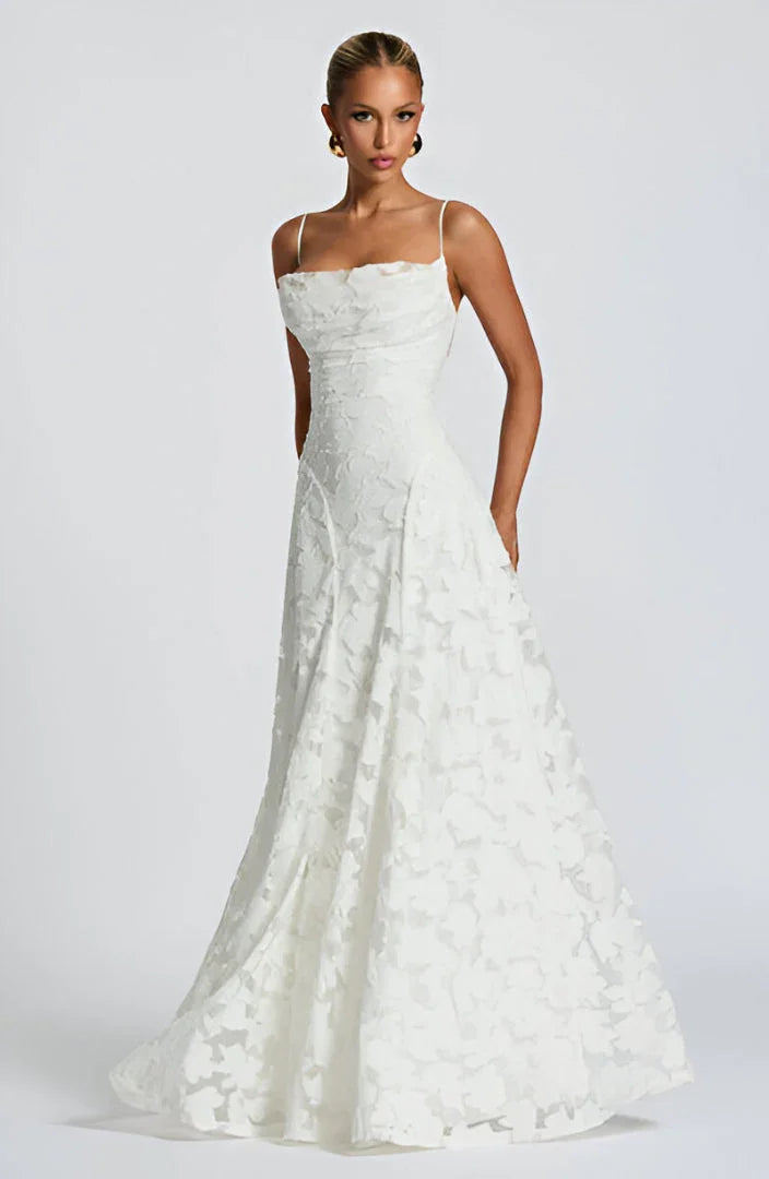 Romantic Floral Spaghetti Strap Maxi Dress for Wedding Guests in White