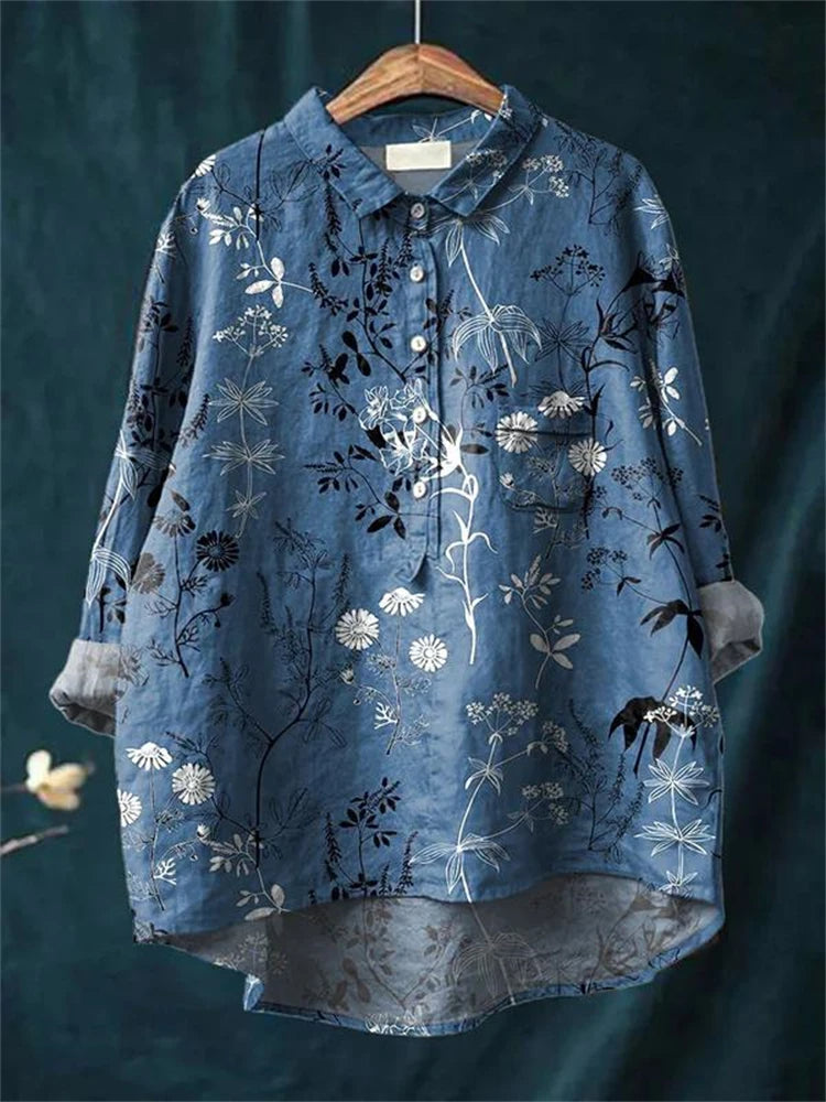 Romantic Printed Longsleeve Blouse in Blaues Blumenmuster