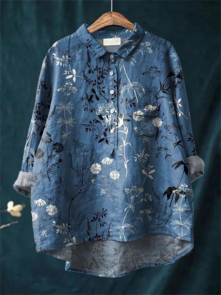 Romantic Printed Longsleeve Blouse in Blaues Blumenmuster