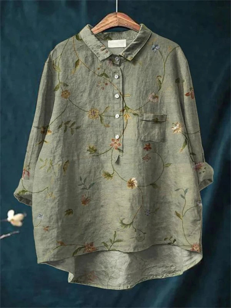 Romantic Printed Longsleeve Blouse in Green